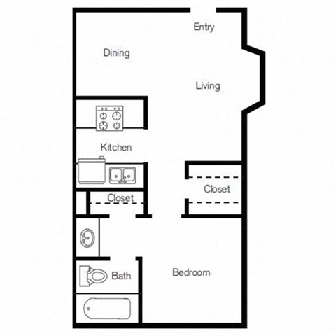 Floor plan for 1 bed, 1 bath, 663 sqft